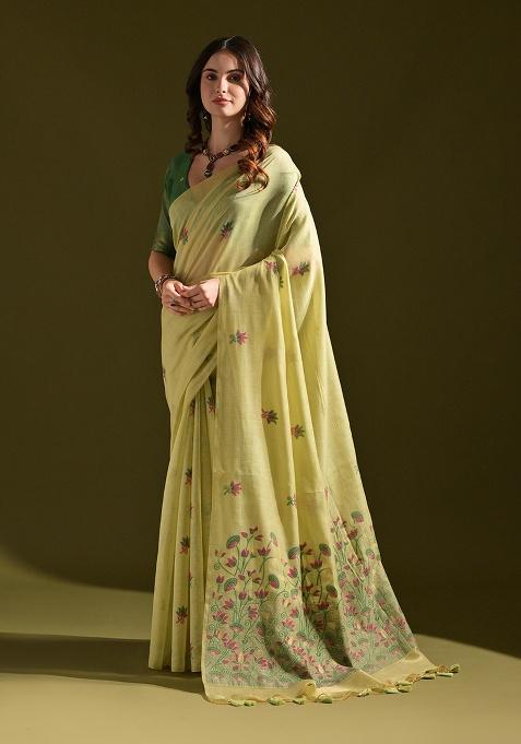Light Green Motif Blended Cotton Saree Set
