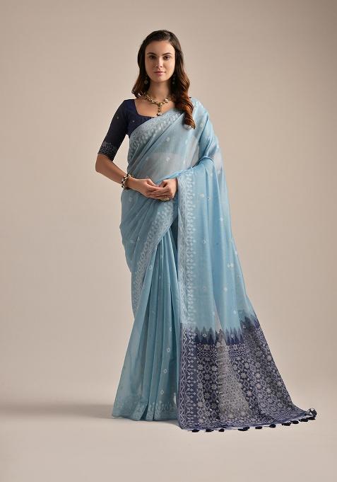 Light Blue Motif Blended Cotton Saree Set