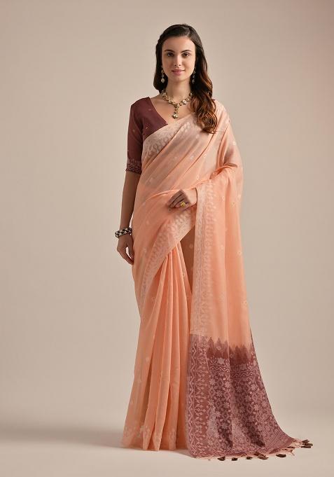 Peach Motif Blended Cotton Saree Set