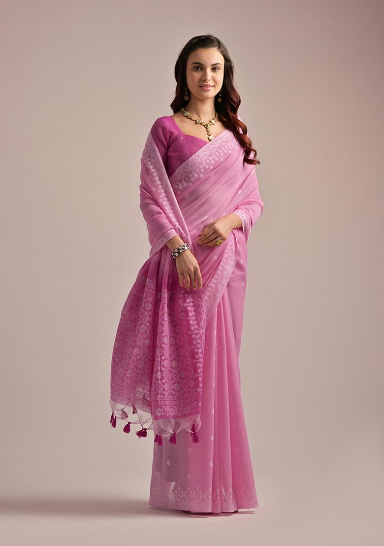 Pink Motif Blended Cotton Saree Set - Indya
