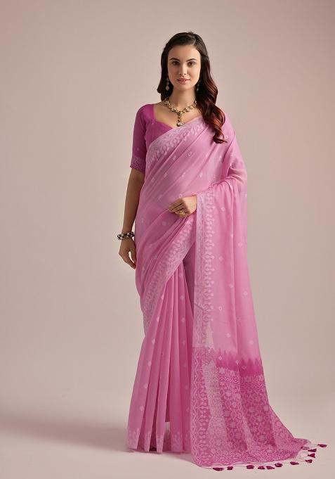 Pink Motif Blended Cotton Saree Set