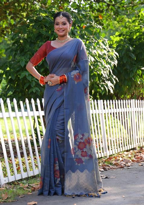 Blue Motif Blended Cotton Saree Set