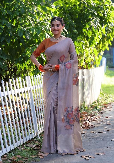 Grey Motif Blended Cotton Saree Set
