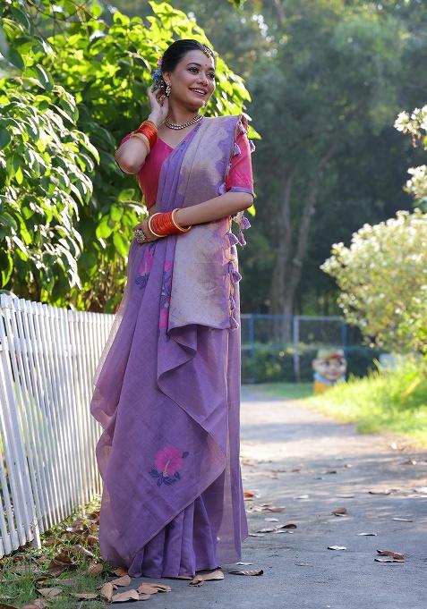Lavender Motif Blended Cotton Saree Set