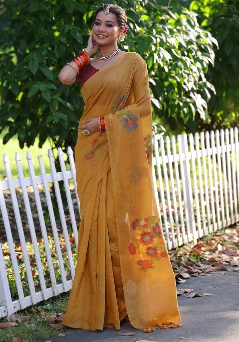 Mustard Motif Blended Cotton Saree Set