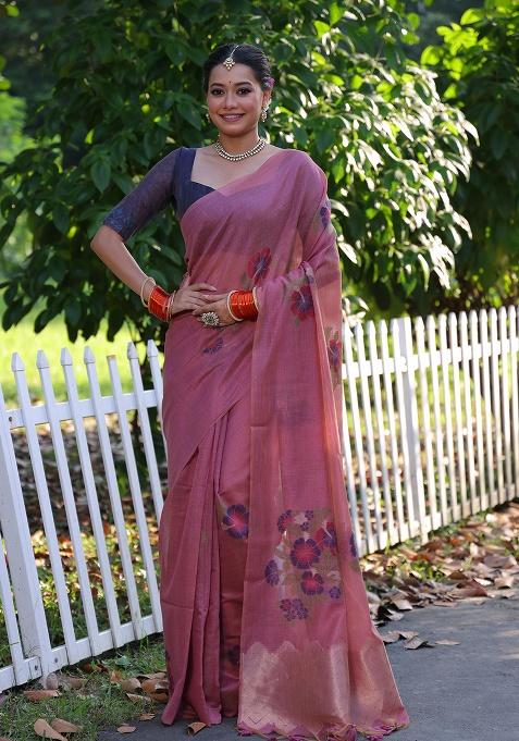 Pink Motif Blended Cotton Saree Set