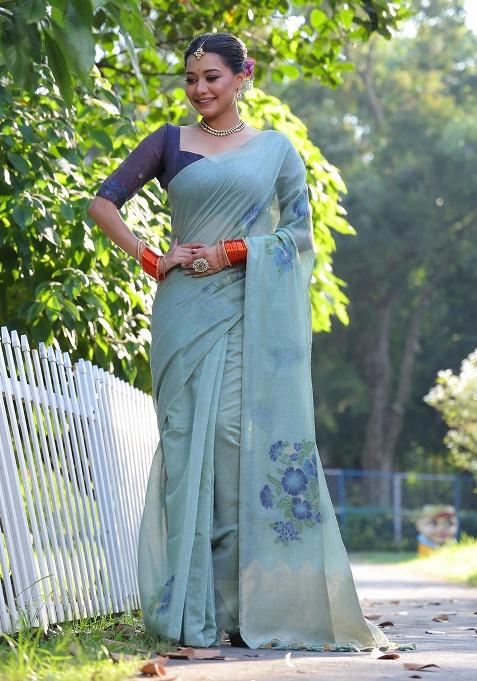 Sky Blue Motif Blended Cotton Saree Set