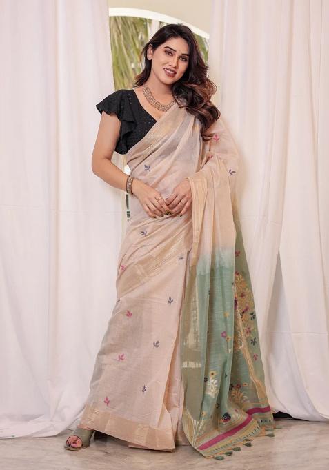 Rama Green Motif Blended Cotton Saree Set