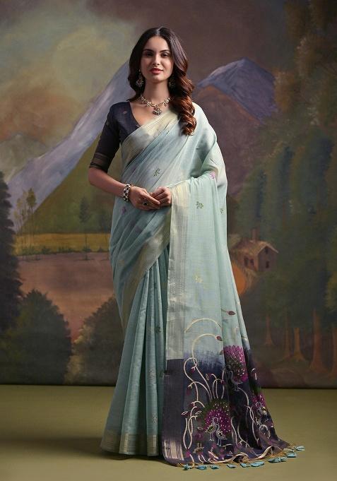 Aqua Blue Motif Blended Cotton Saree Set
