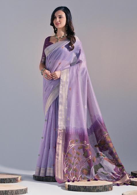 Lavender Motif Blended Cotton Saree Set