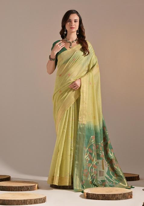 Olive Motif Blended Cotton Saree Set