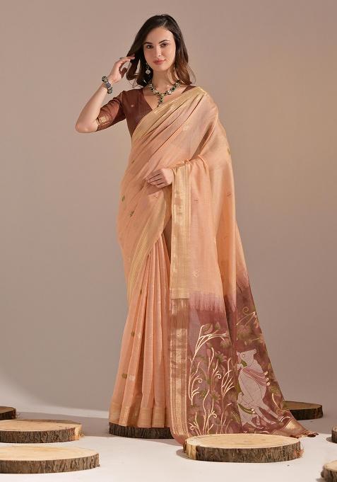 Peach Motif Blended Cotton Saree Set