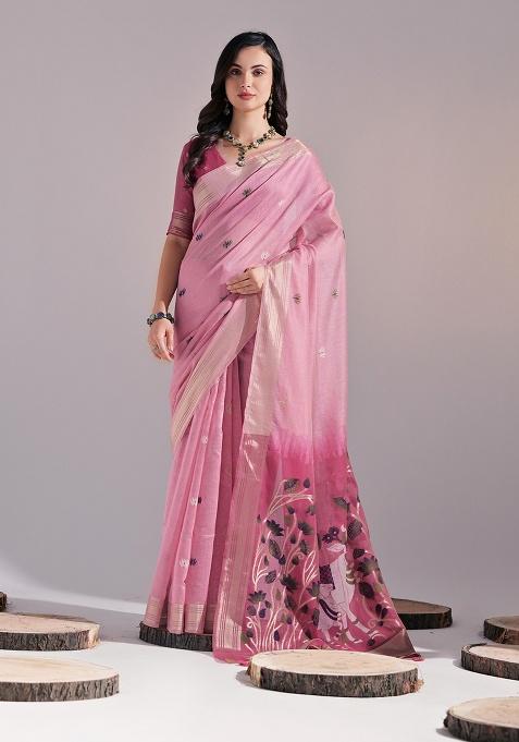 Pink Motif Blended Cotton Saree Set