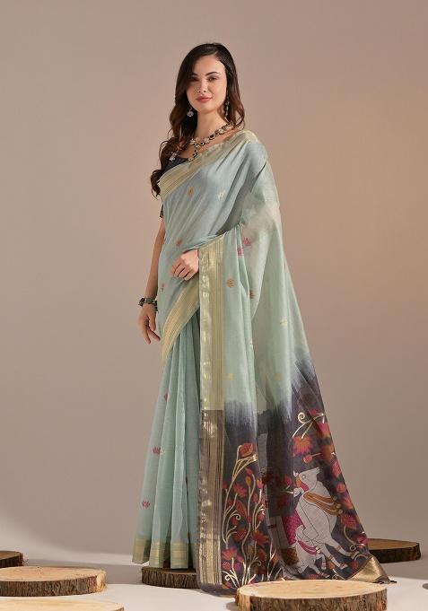 Sky Blue Motif Blended Cotton Saree Set