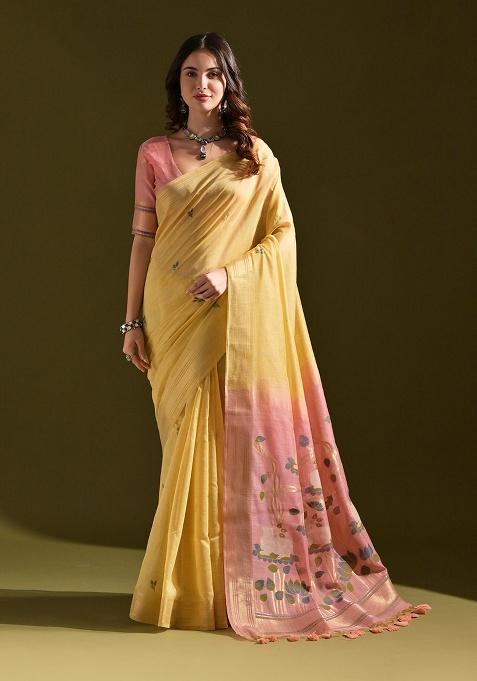 Yellow Motif Blended Cotton Saree Set