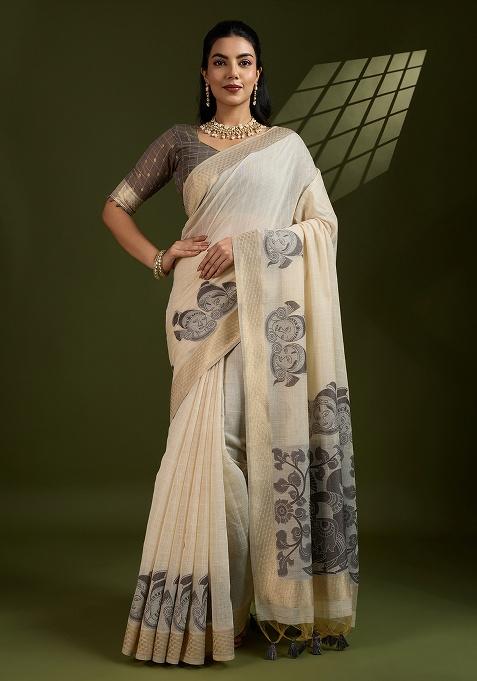 Grey Motif Blended Cotton Saree Set