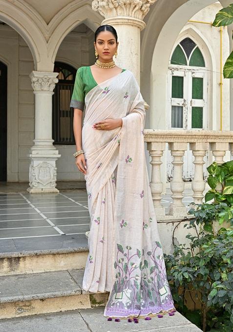 Purple Motif Blended Cotton Saree Set