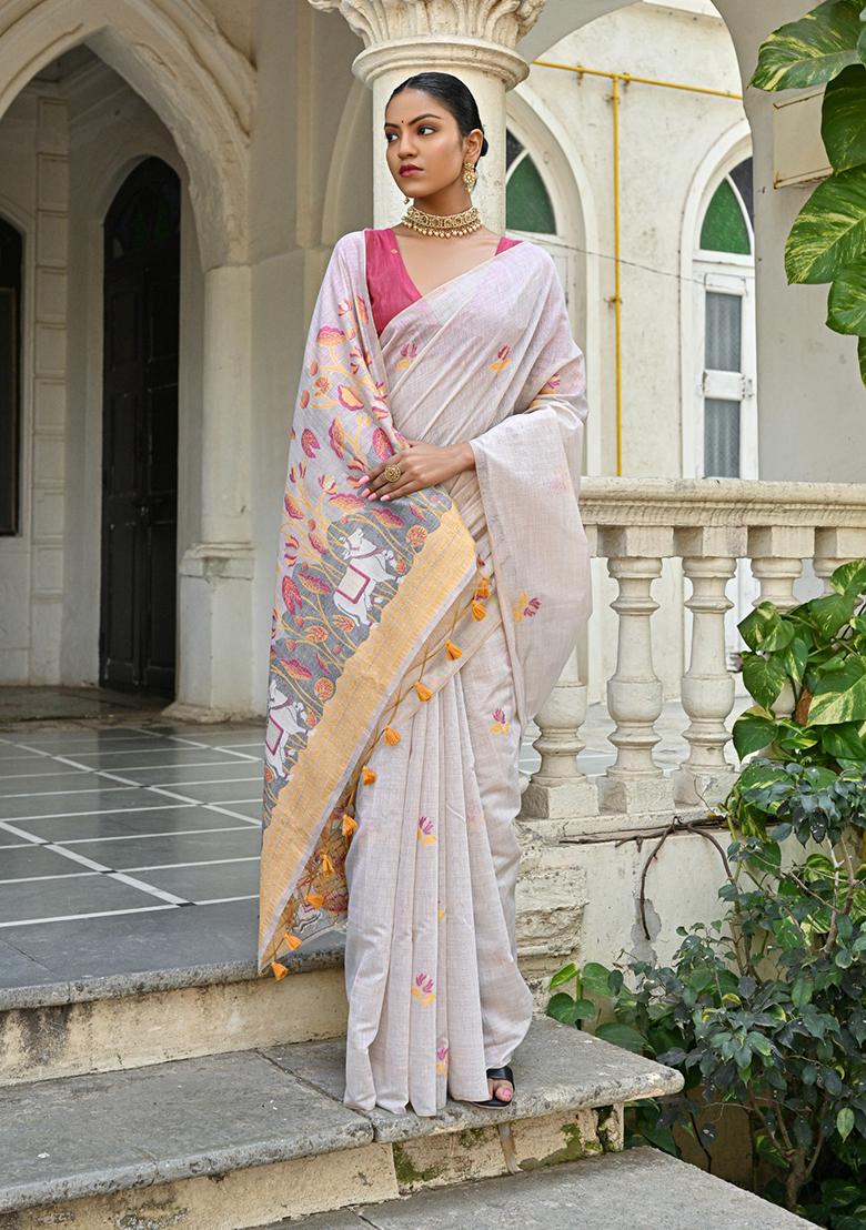 Yellow Motif Blended Cotton Saree Set - Indya