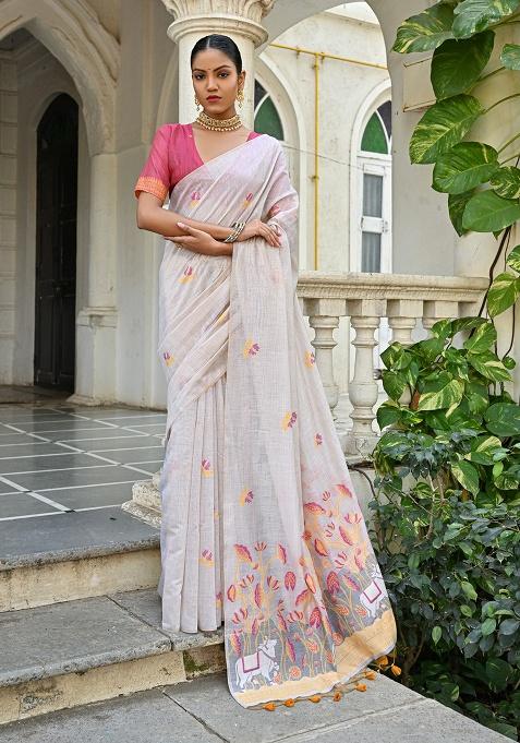 Yellow Motif Blended Cotton Saree Set