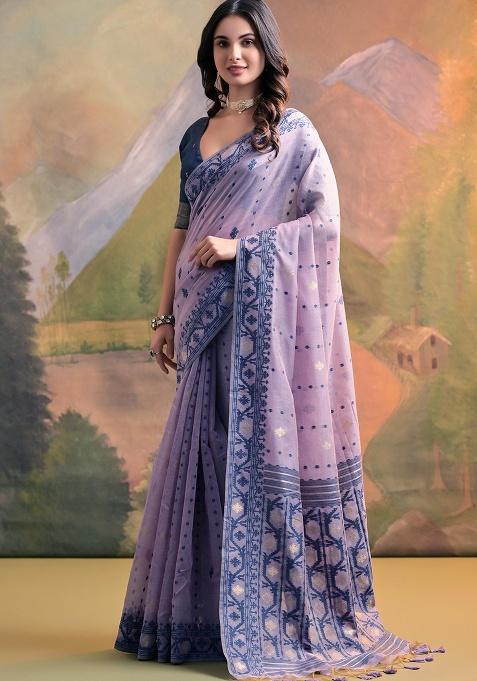 Lavender Motif Blended Cotton Saree Set