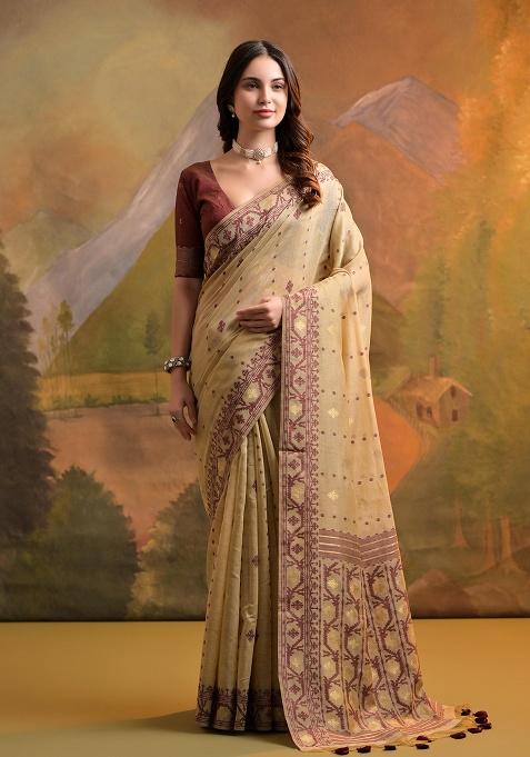 Light Beige Motif Blended Cotton Saree Set