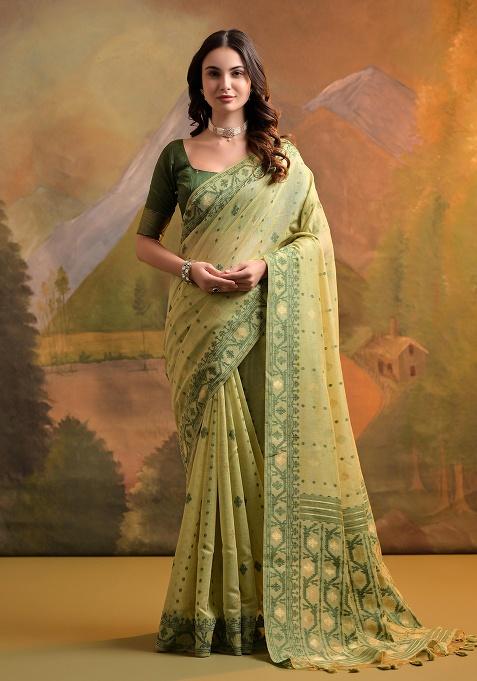 Light Green Motif Blended Cotton Saree Set