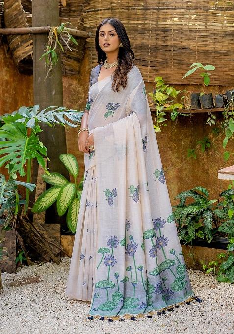 Navy Blue Motif Blended Cotton Saree Set