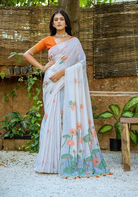 Orange Motif Blended Cotton Saree Set