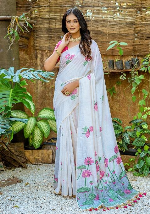Pink Motif Blended Cotton Saree Set