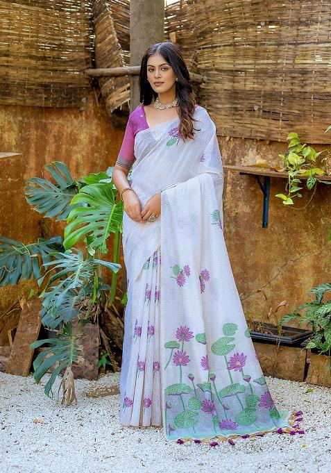 Purple Motif Blended Cotton Saree Set