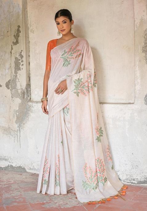 Orange Motif Blended Cotton Saree Set