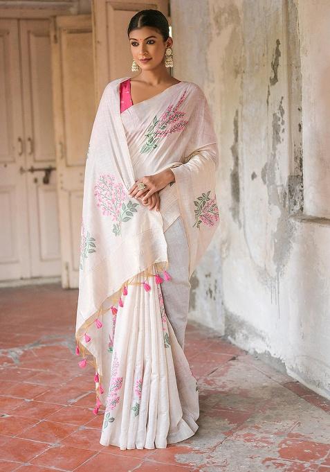 Pink Motif Blended Cotton Saree Set