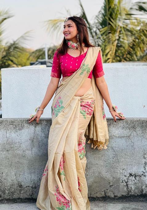 Beige Motif Blended Cotton Saree Set