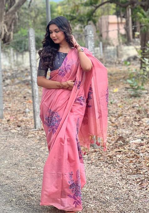 Peach Motif Blended Cotton Saree Set