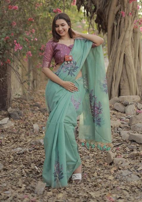 Teal Motif Blended Cotton Saree Set