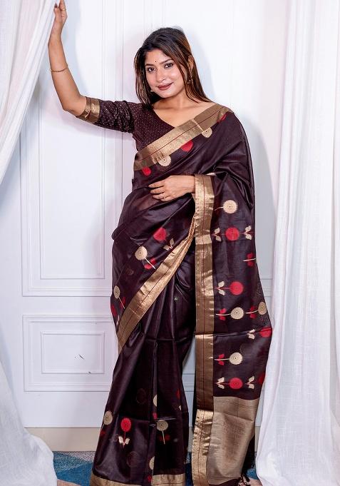 Brown Motif Silk Saree Set