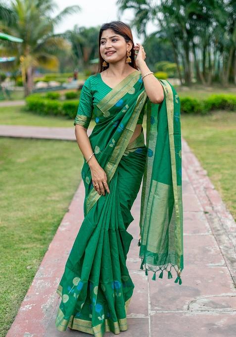Green Motif Silk Saree Set