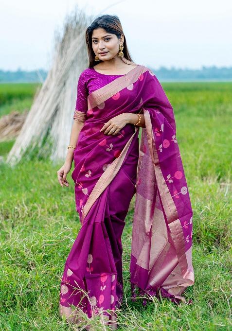 Magenta Motif Silk Saree Set