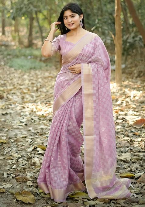 Lavender Motif Silk Saree Set