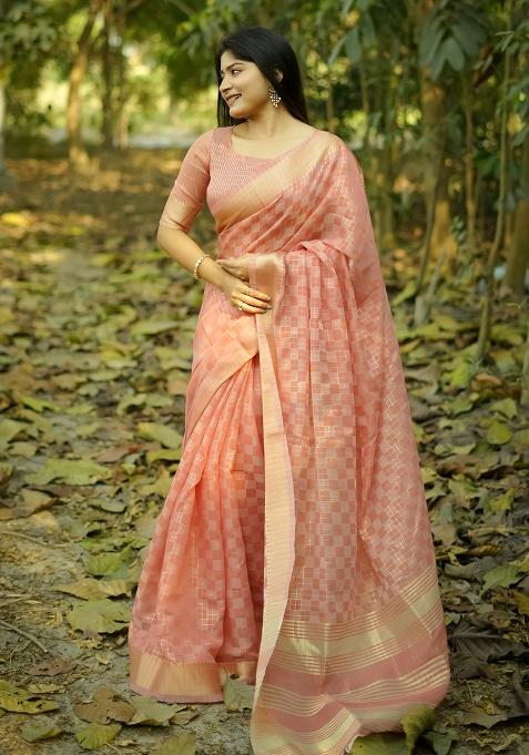 Peach Motif Silk Saree Set