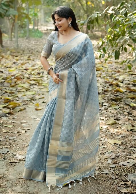 Sky Blue Motif Silk Saree Set