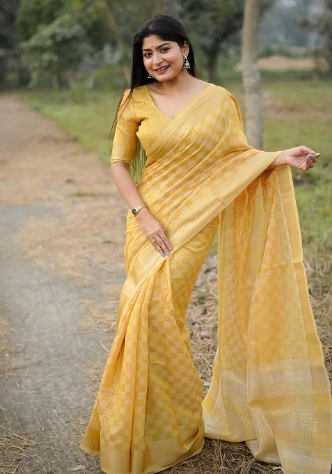 Yellow Motif Silk Saree Set