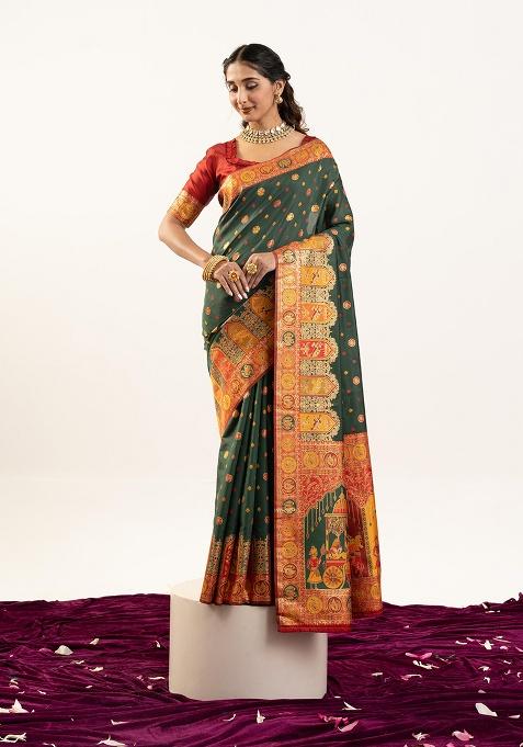 Dark Green Motif Silk Saree Set