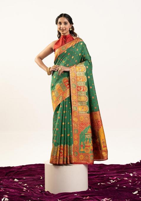 Green Motif Silk Saree Set