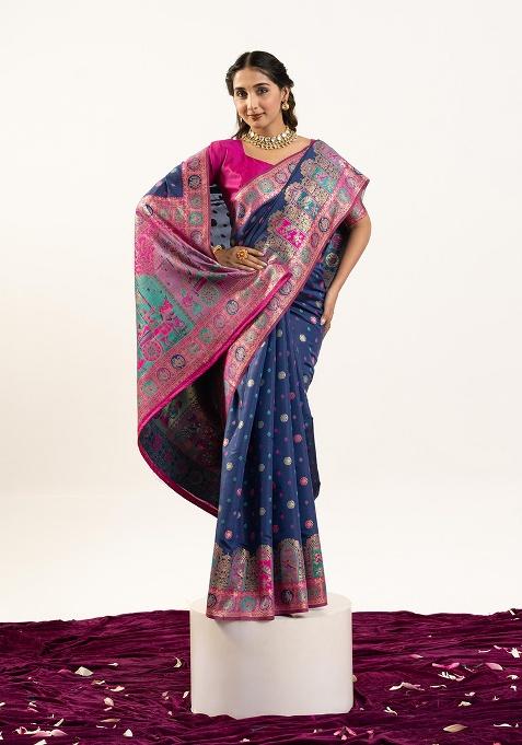 Navy Blue Motif Silk Saree Set