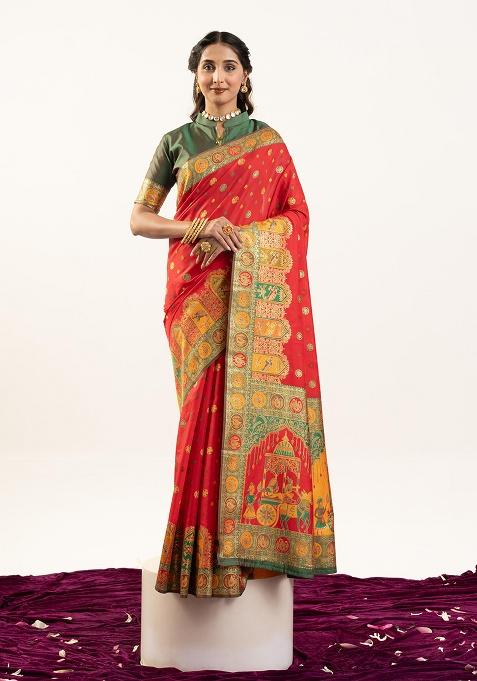 Orange Motif Silk Saree Set