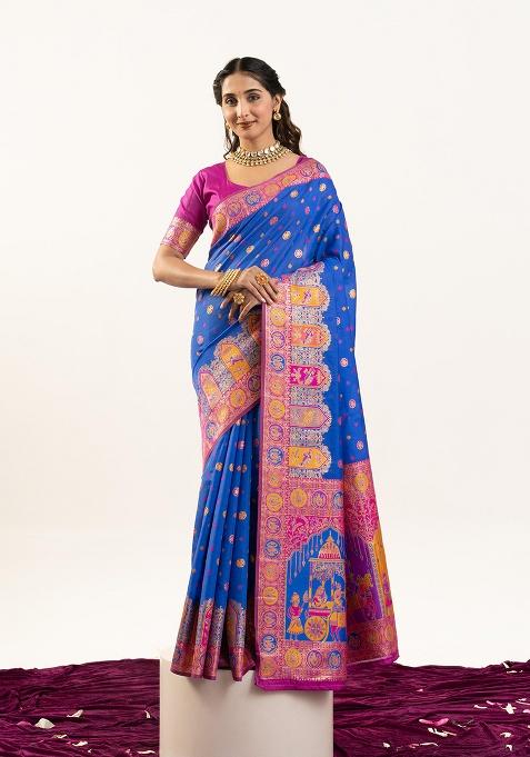 Royal Blue Motif Silk Saree Set
