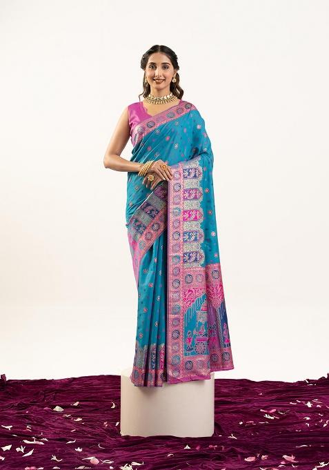 Teal Motif Silk Saree Set