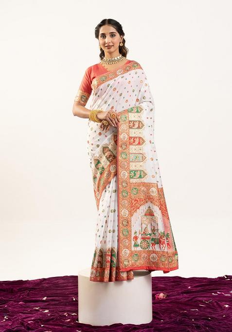 White Motif Silk Saree Set
