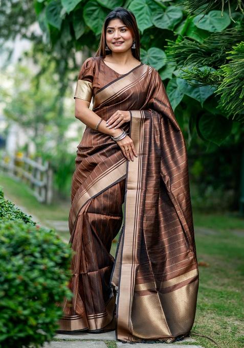Light Brown Motif Silk Saree Set